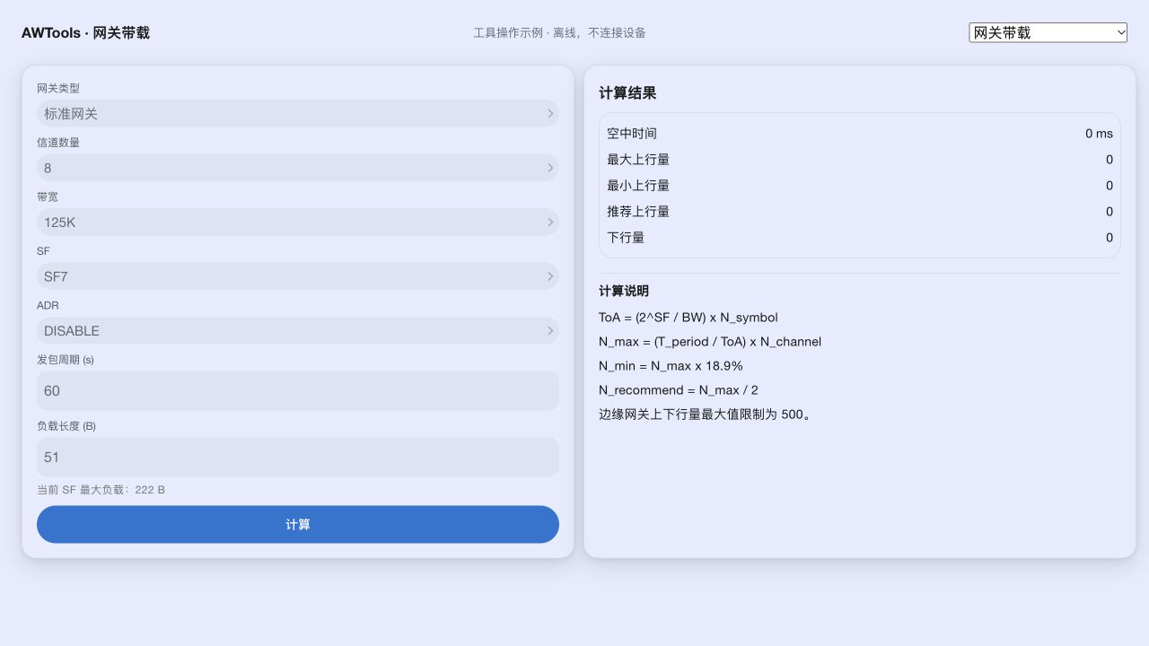 网关带载的离线初始界面:右侧 0 是未计算状态,不是现场容量结果。