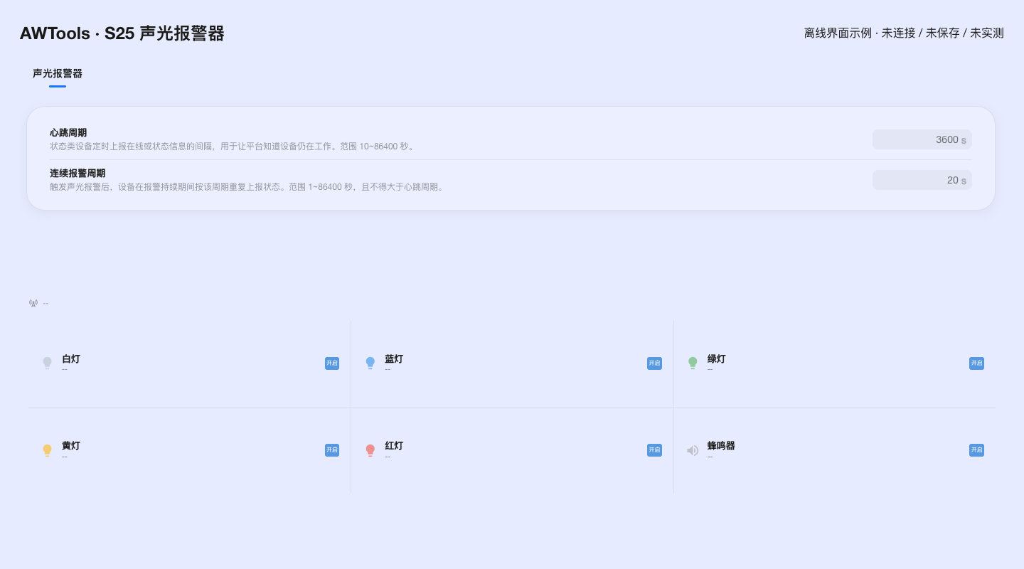 当前 AWTools 的声光报警器参数界面:离线教学示例,未连接设备、未保存或实测;实际参数以读取结果为准。